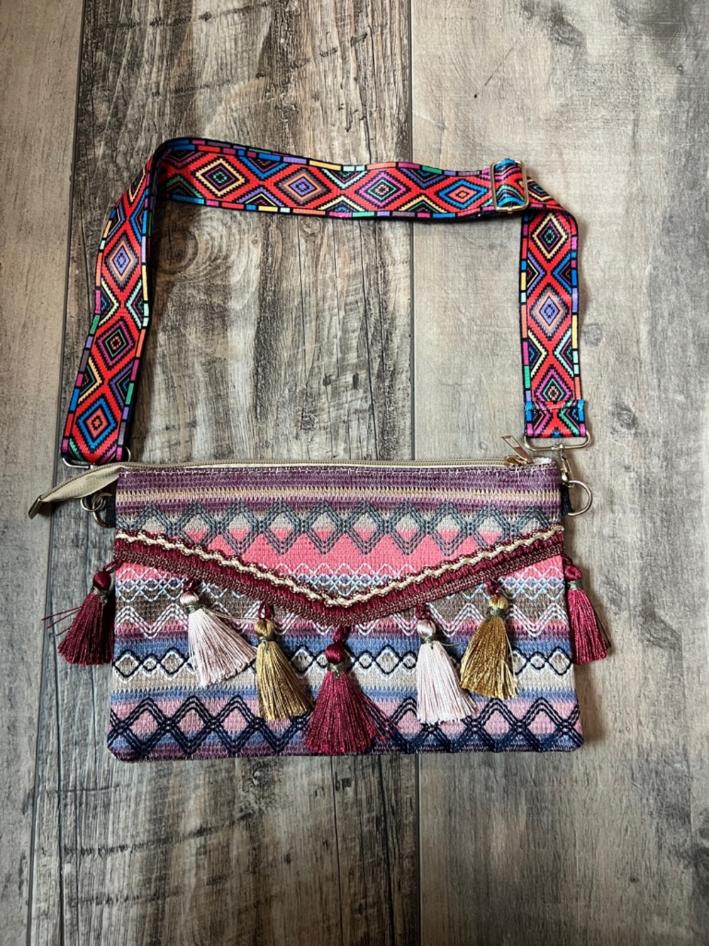 Boho Tassel Crossbody Bag in Pink and Multicolor